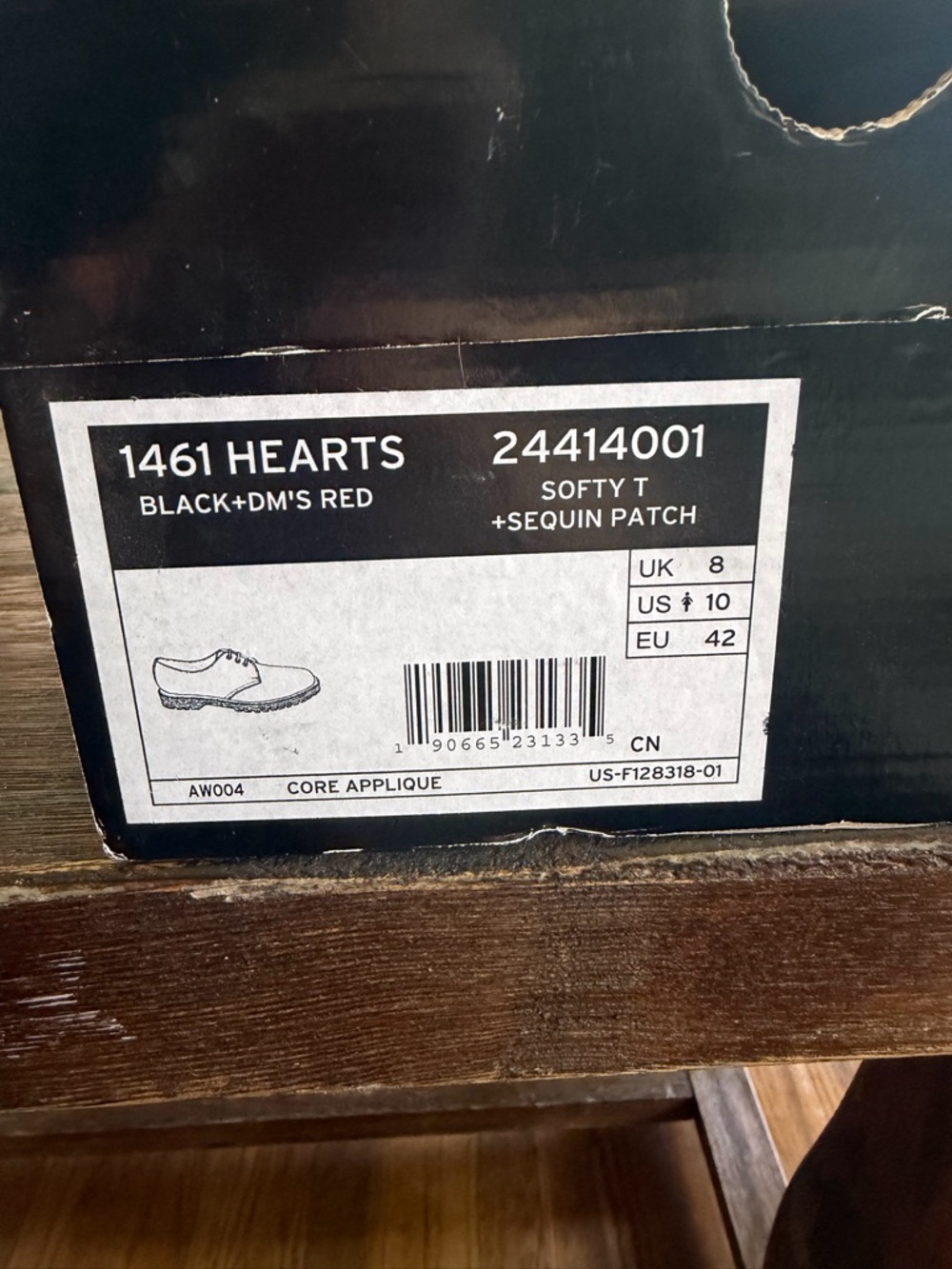 Dr. Martens Black Leather Lace-Up Flats with Red Sequin Hearts - Picture 5 of 6